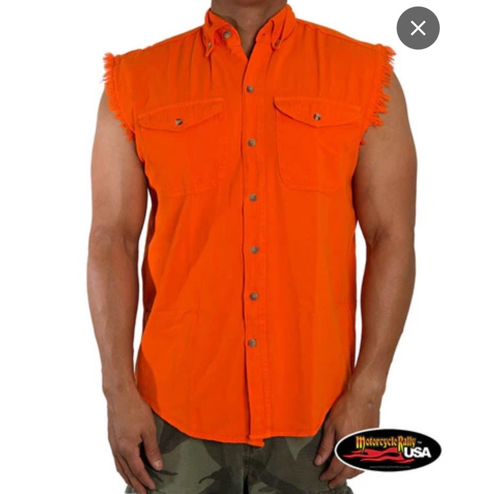 Milwaukee‎ Performance Mens Sleeveless Denim Shirt Medium Orange Frayed Biker